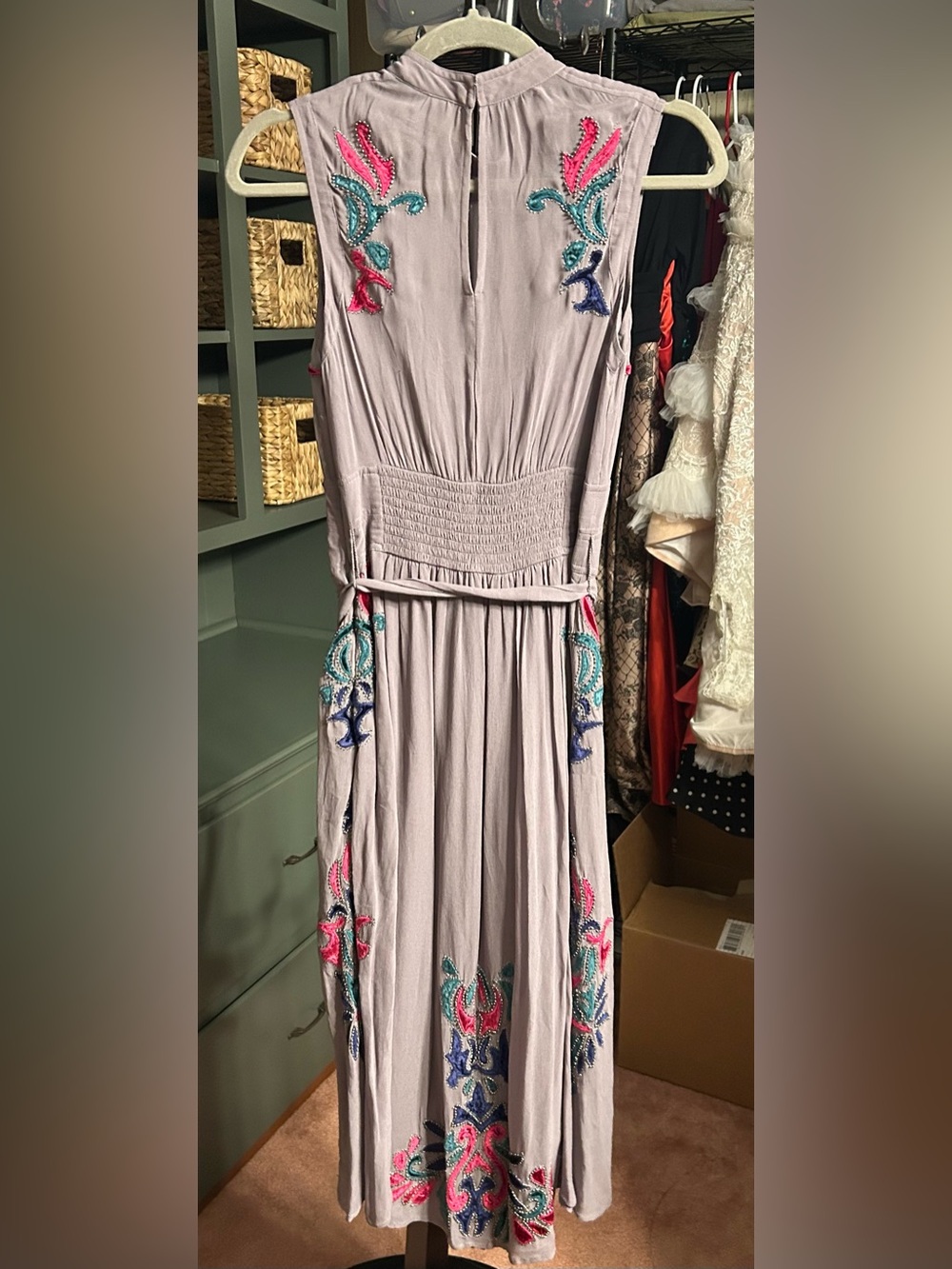Anthropologie Embroidered Midi Dress Tie Waist Gray Lavender US 0 - Picture 3 of 10